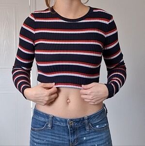 Navy, Red, and White Long Sleeve Crop Top